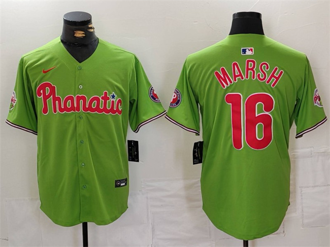 Men's Philadelphia Phillies #16 Brandon Marsh Green With Patch Stitched Jersey Men's Philadelphia Phillies #16 Brandon Marsh Green With Patch Stitched Jersey